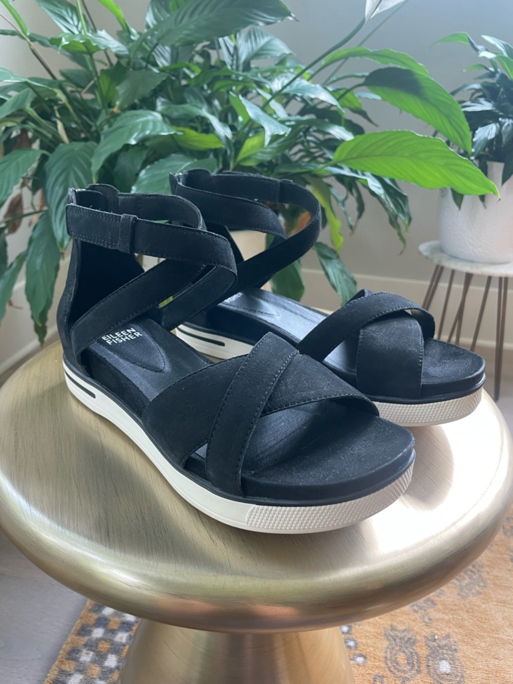 Eileen Fisher Sport Platform Gladiator Sandal Black Nubuck Sz 8.5 - Picture 3 of 9